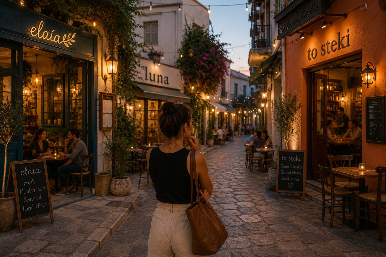 A woman pauses on a lamplit cobbled street at dusk, choosing between two tavernas with tables out front
