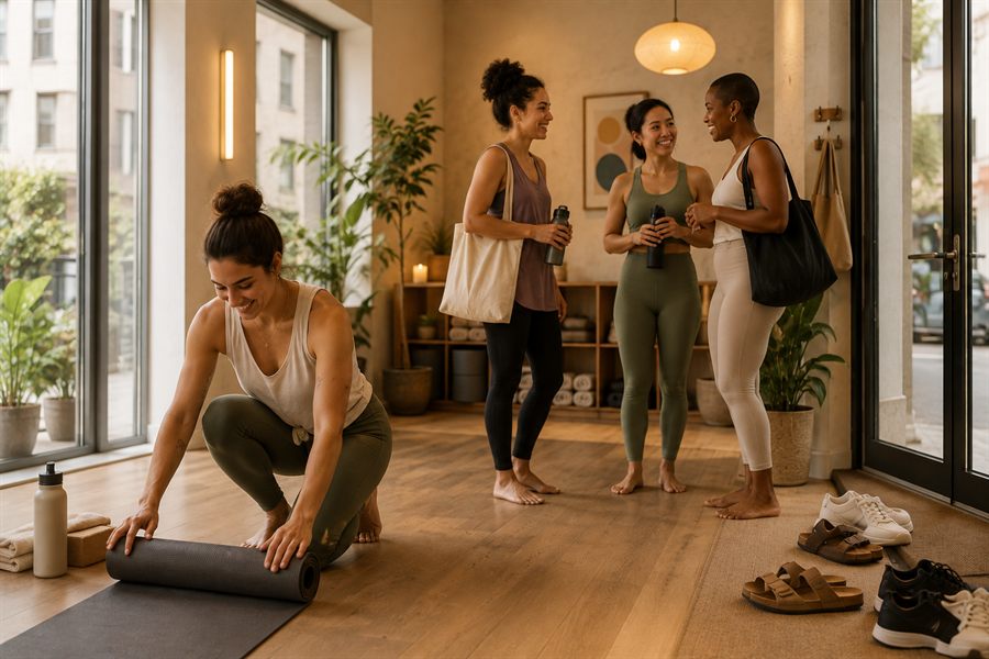 A studio between classes: one member unrolling a mat while three others talk by the door